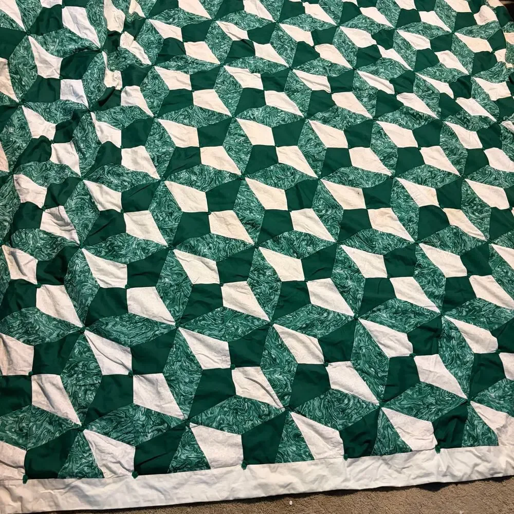Vintage Handmade Patchwork Quilt Green White Pinwheel Geometric Full Queen 86x97